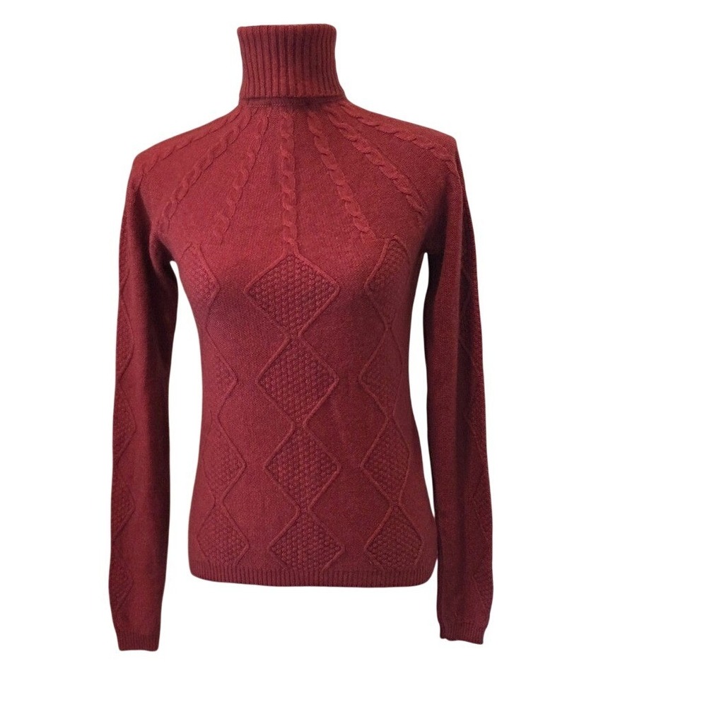 Tristan & Iseut Diamond Cable Knit Turtleneck Slim Fit Burgundy Red Sweater S